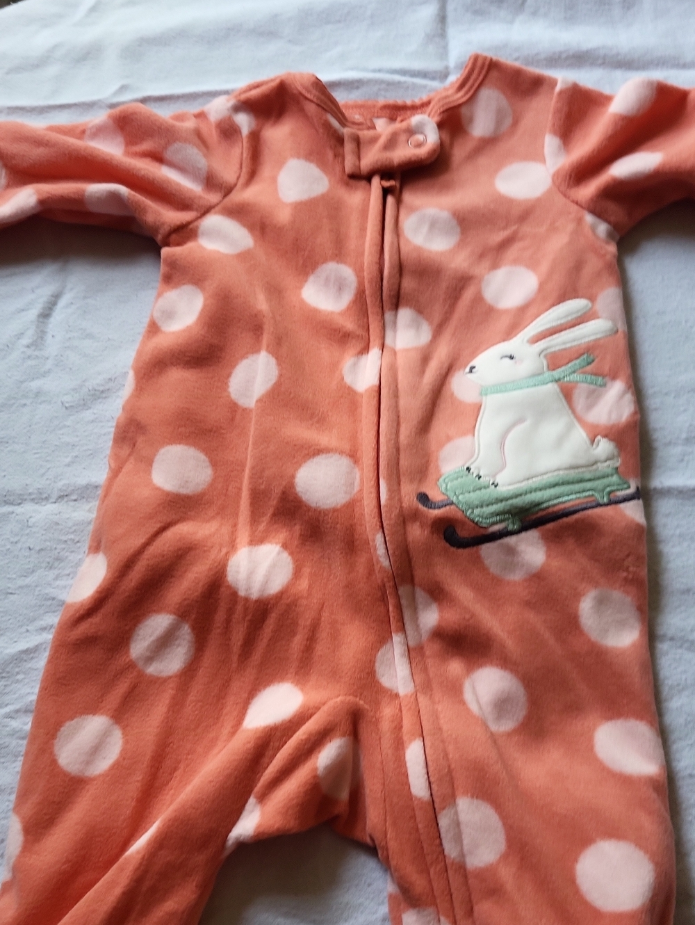 Coral Polka-Dot Bunny Fleece Footed Sleeper